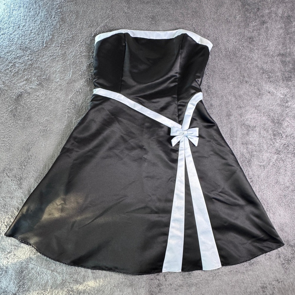 Vintage Gunne Sax Jessica McClintock Dress Black Satin Blue Bow Coquette Prom
